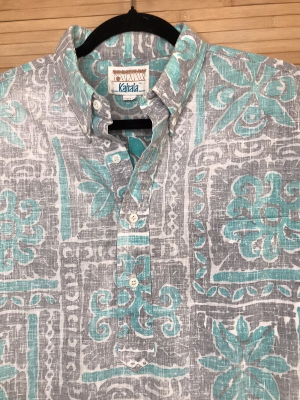 Vintage 70s KAHALA HRH Hawaiian Print Blue Gray Button Shirt M Hawaii pop over - Picture 5 of 6